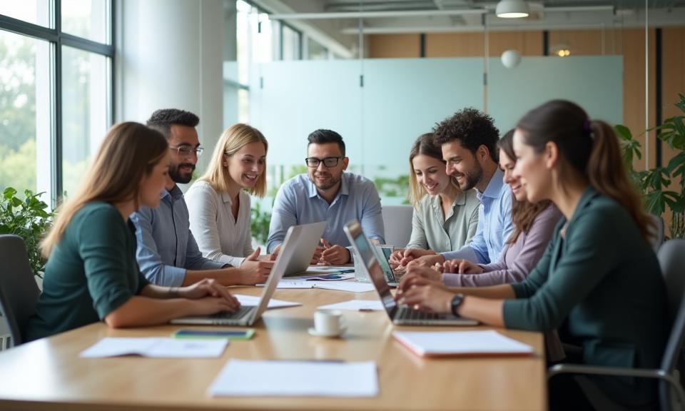 Oficina moderna con equipo colaborando